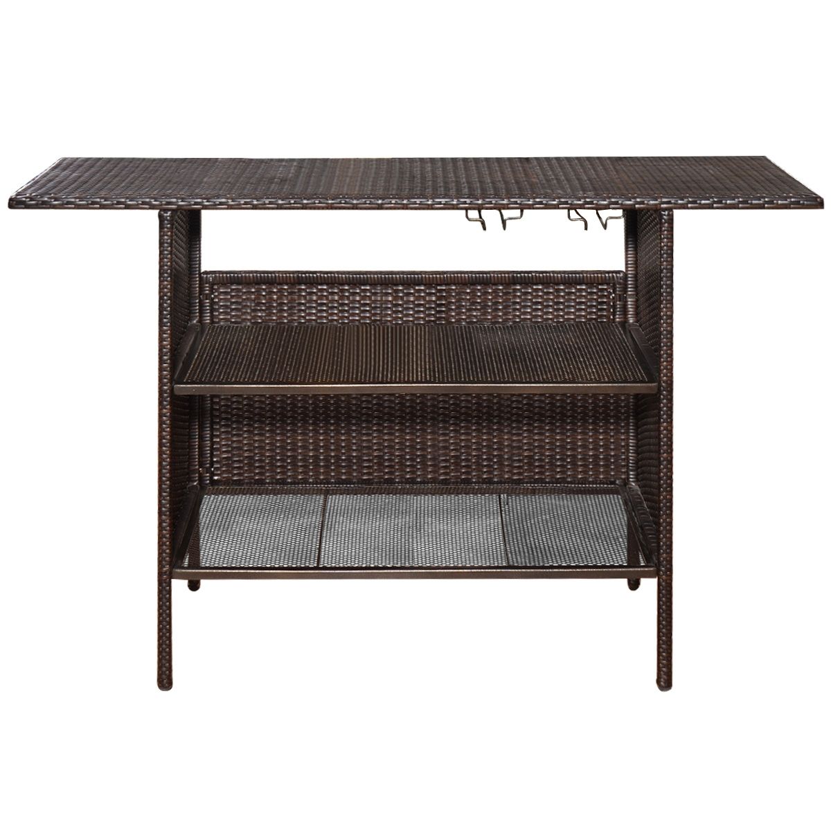 Garden Bar Table in Woven Resin with 2 Storage Shelves and 2 Rails for Brown Glass Holders -