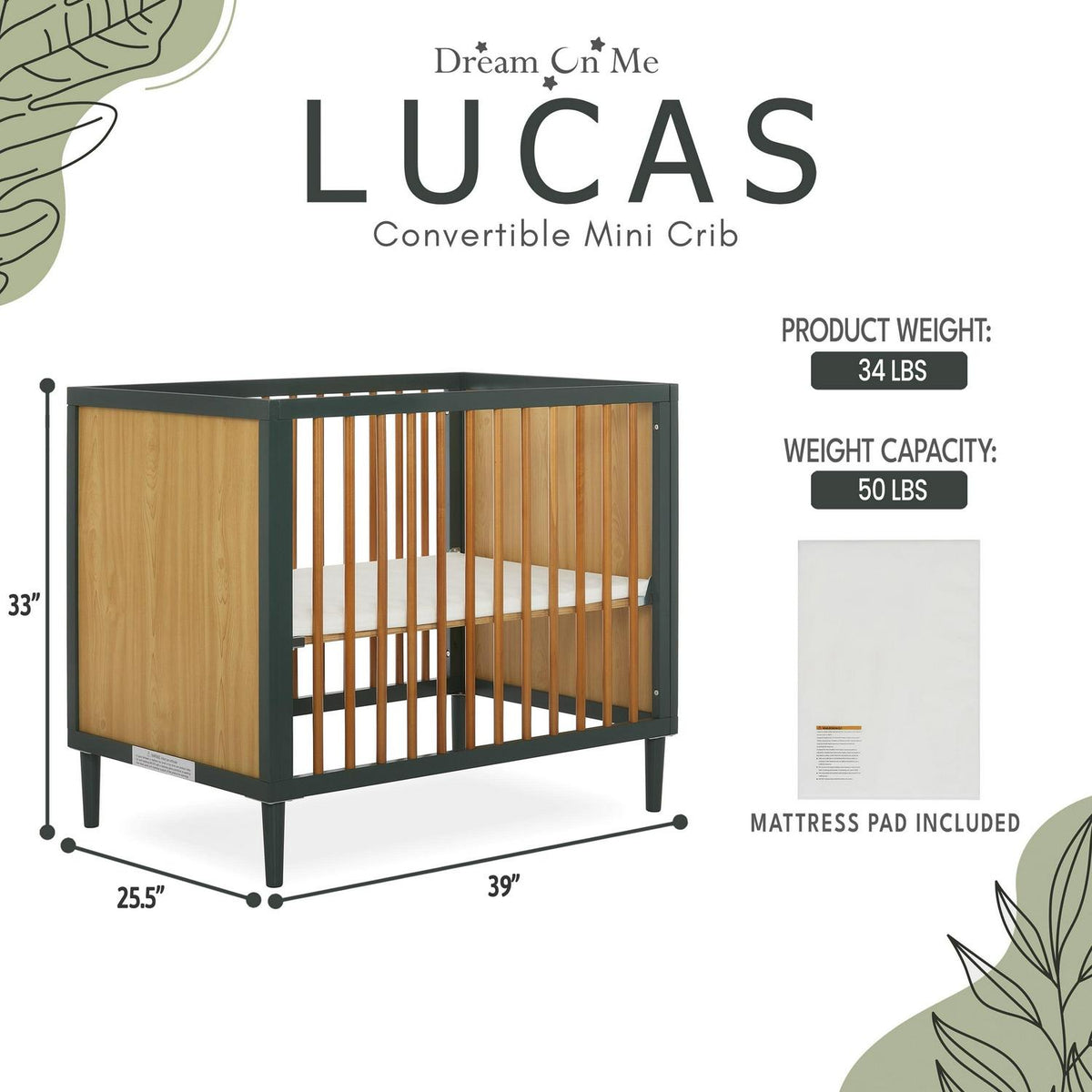 Dream on Me Lucas Mini Modern Crib with Rounded Spindles I Convertible Crib I Mid - Product image 9