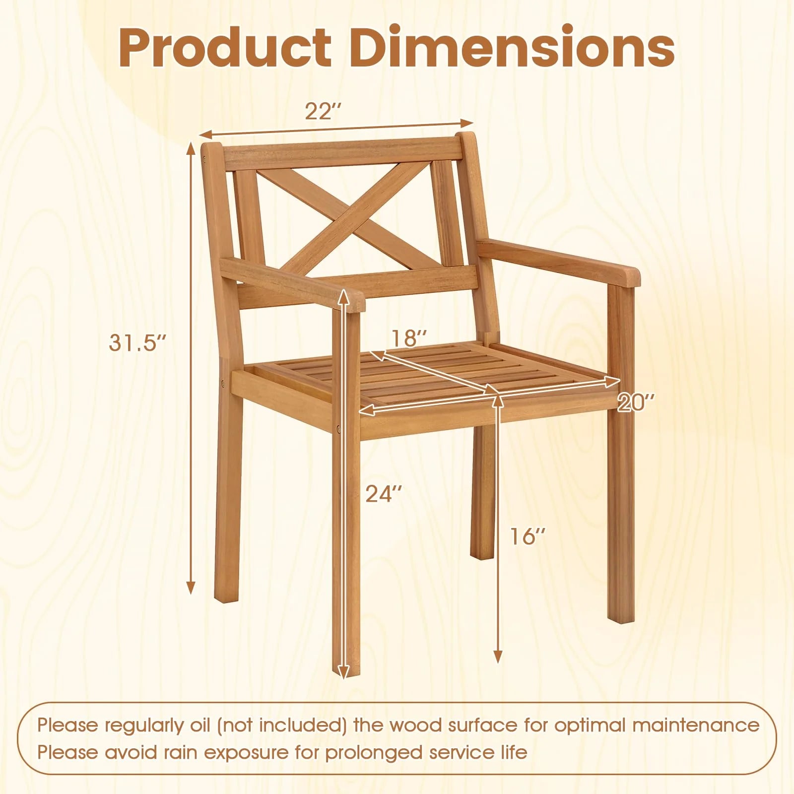 Tangkula Acacia Wood Patio Dining Chairs Set of 2/4 with 400 lbs Capacity - Product image 3