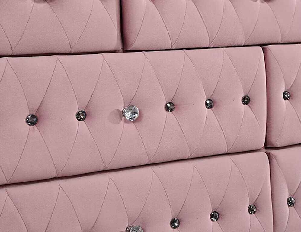 Glam Pink Upholstered Tufted Velvet Like Fabric 4pc Full Size Bed Set Dresser Mirror Nightstand Bedroom - Product image 6