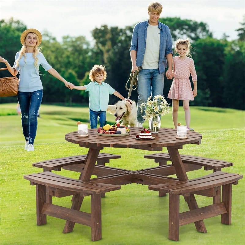 8-Person Round Wood Picnic Table Set with 4 Built-in Benches & 2" Umbrella Hole, Holds 2420 LBS - Product image 11