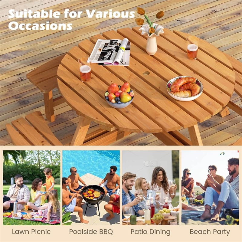 8-Person Round Wood Picnic Table Set with 4 Built-in Benches & 2" Umbrella Hole, Holds 2420 LBS - Product image 21