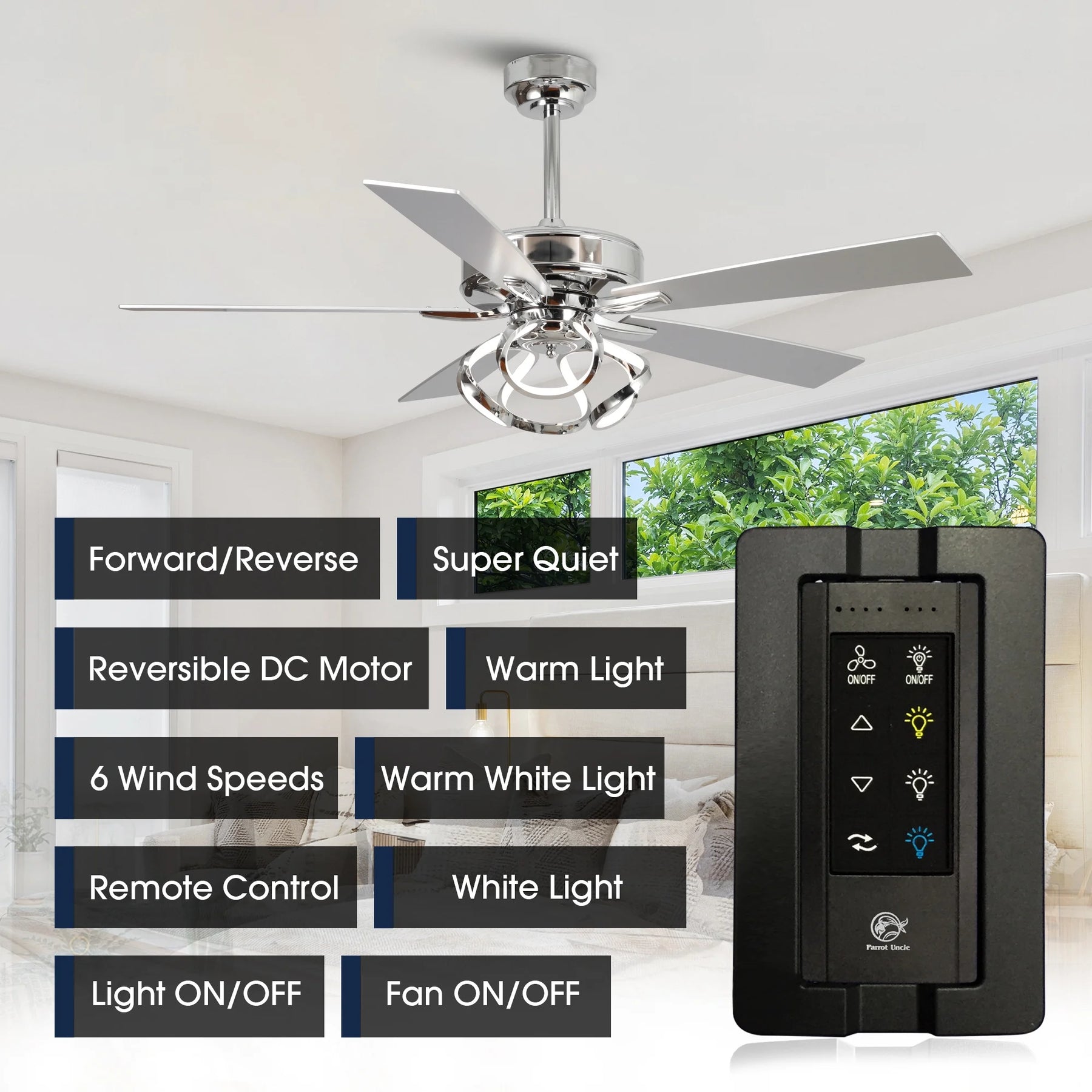 Parrot Uncle 52 - Inch Contemporary Chrome Ceiling Fan with Integrated LED Lights and Remote Control - Product image 11