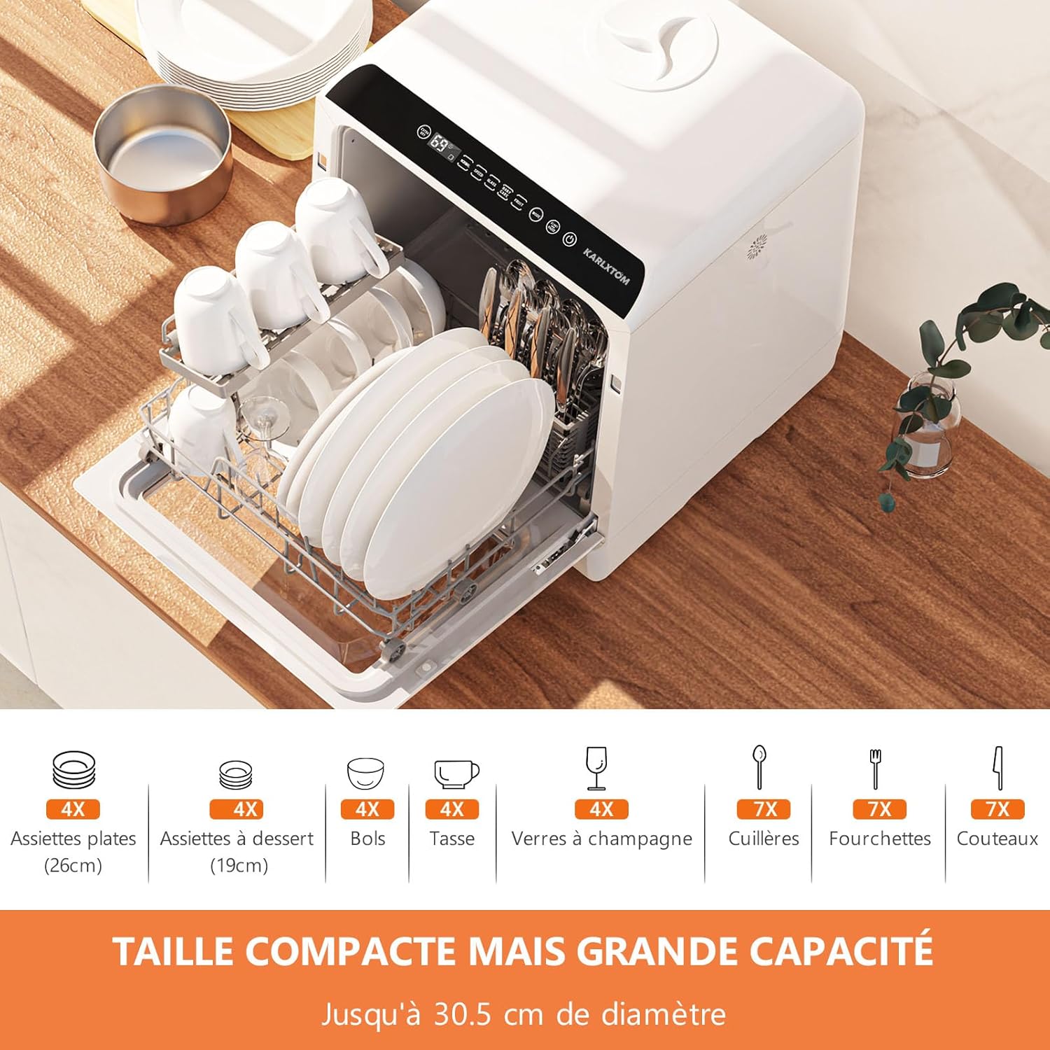 Karlxtom Tabletop Dishwasher, Mini Dishwasher with LED Touch Control, 45CM, 6 Programs, Fruit Washing, Baby Care