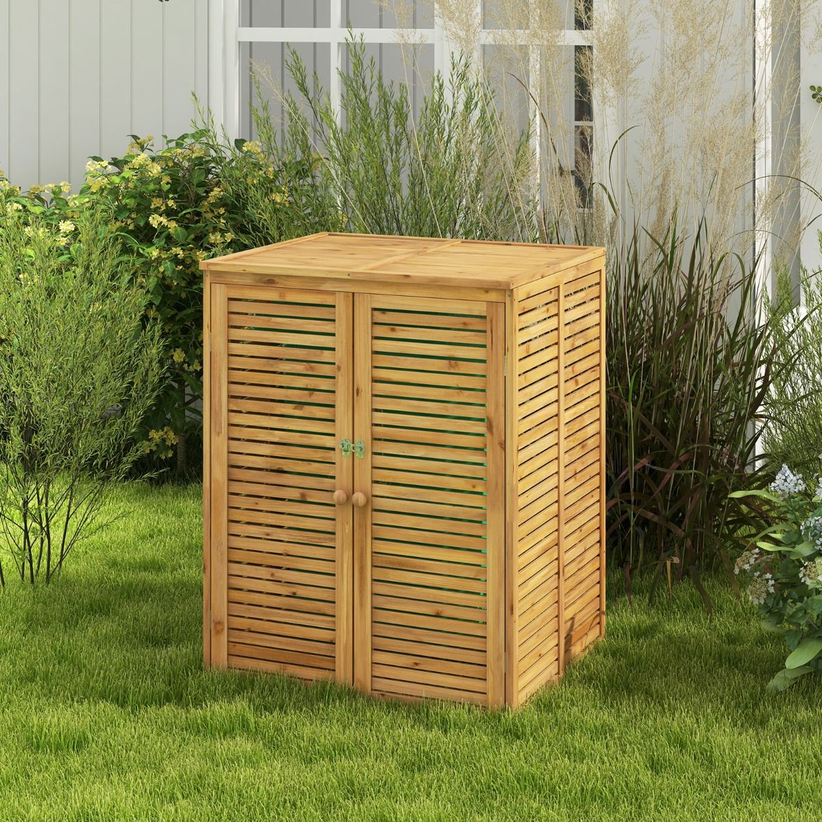 120L Wooden Trash Can Shed Outdoor Tool Shed with Openable Lid Double Doors Natural Locking Latch -