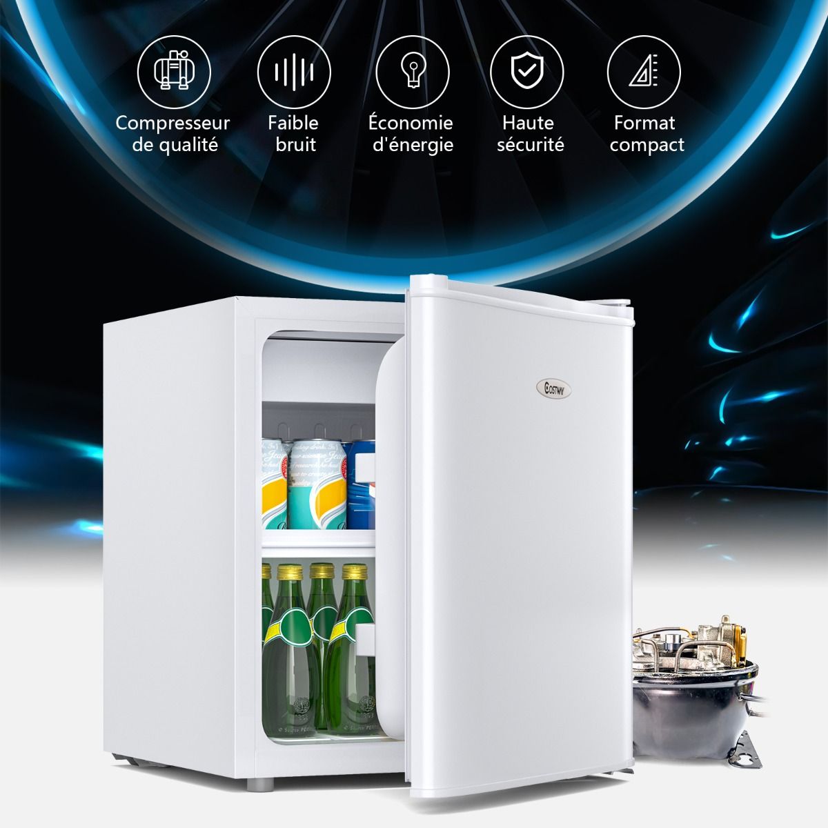 48L Mini Fridge, 2 levels and bottle holder, vegetable drawer, Silent 230V, 46 x 44 x 49 cm, White -