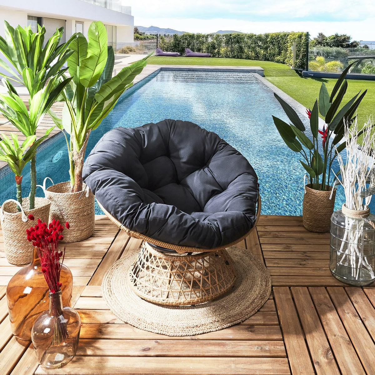 HOME DECO FACTORY, Outdoor Swivel Armchair, Round Relax Chair, 1 Seater 360° Swivel, Thick Comfortable Cushion Included, Garden Furniture for Balcony Terrace Garden Furniture