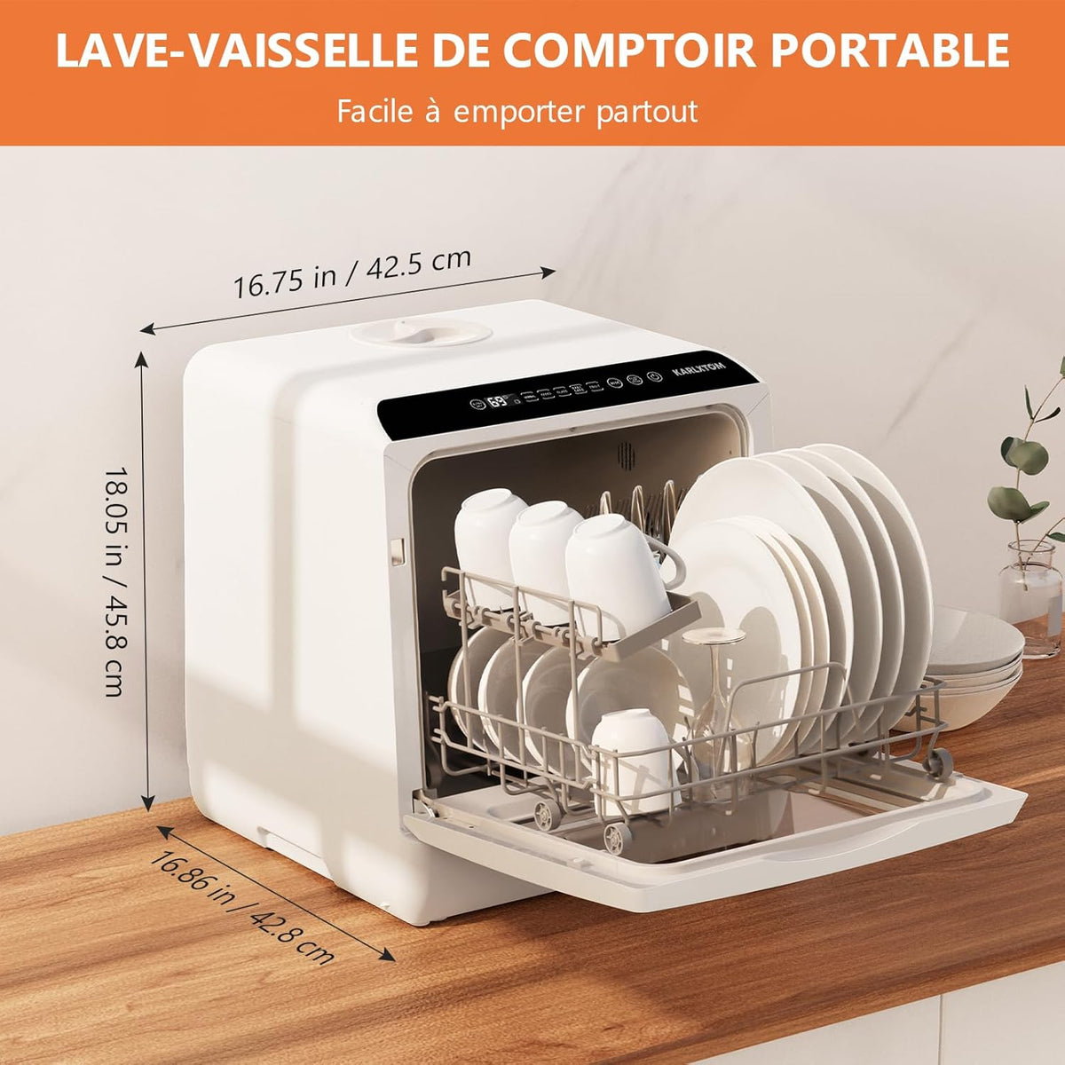Karlxtom Tabletop Dishwasher, Mini Dishwasher with LED Touch Control, 45CM, 6 Programs, Fruit Washing, Baby Care