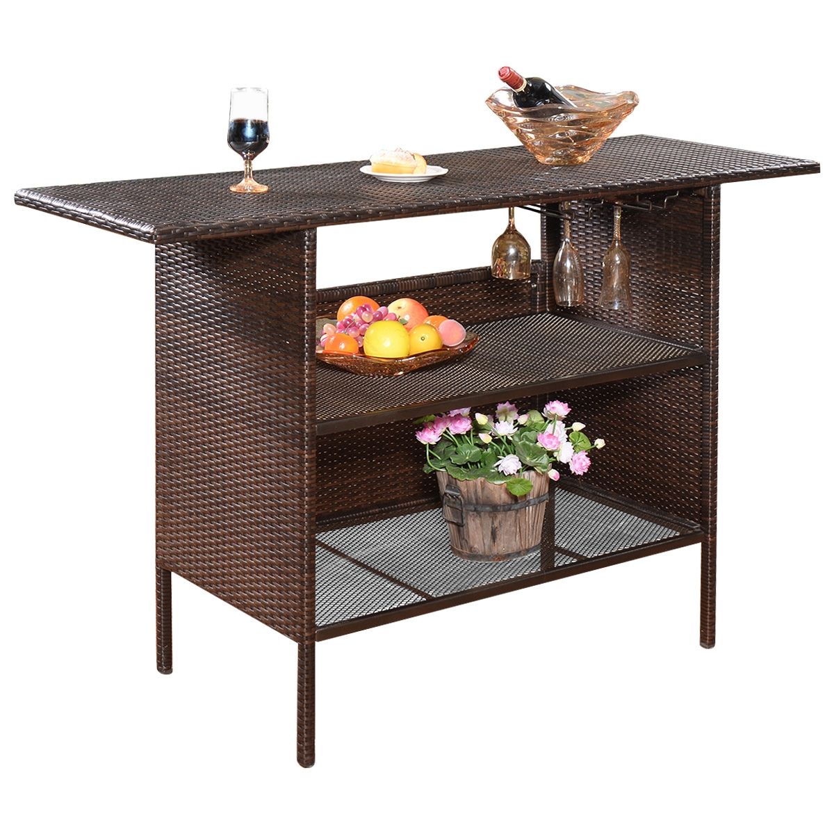 Garden Bar Table in Woven Resin with 2 Storage Shelves and 2 Rails for Brown Glass Holders -