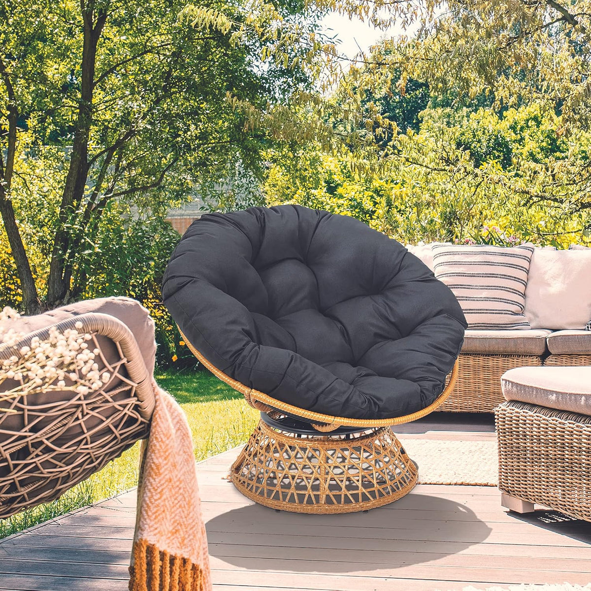 HOME DECO FACTORY, Outdoor Swivel Armchair, Round Relax Chair, 1 Seater 360° Swivel, Thick Comfortable Cushion Included, Garden Furniture for Balcony Terrace Garden Furniture