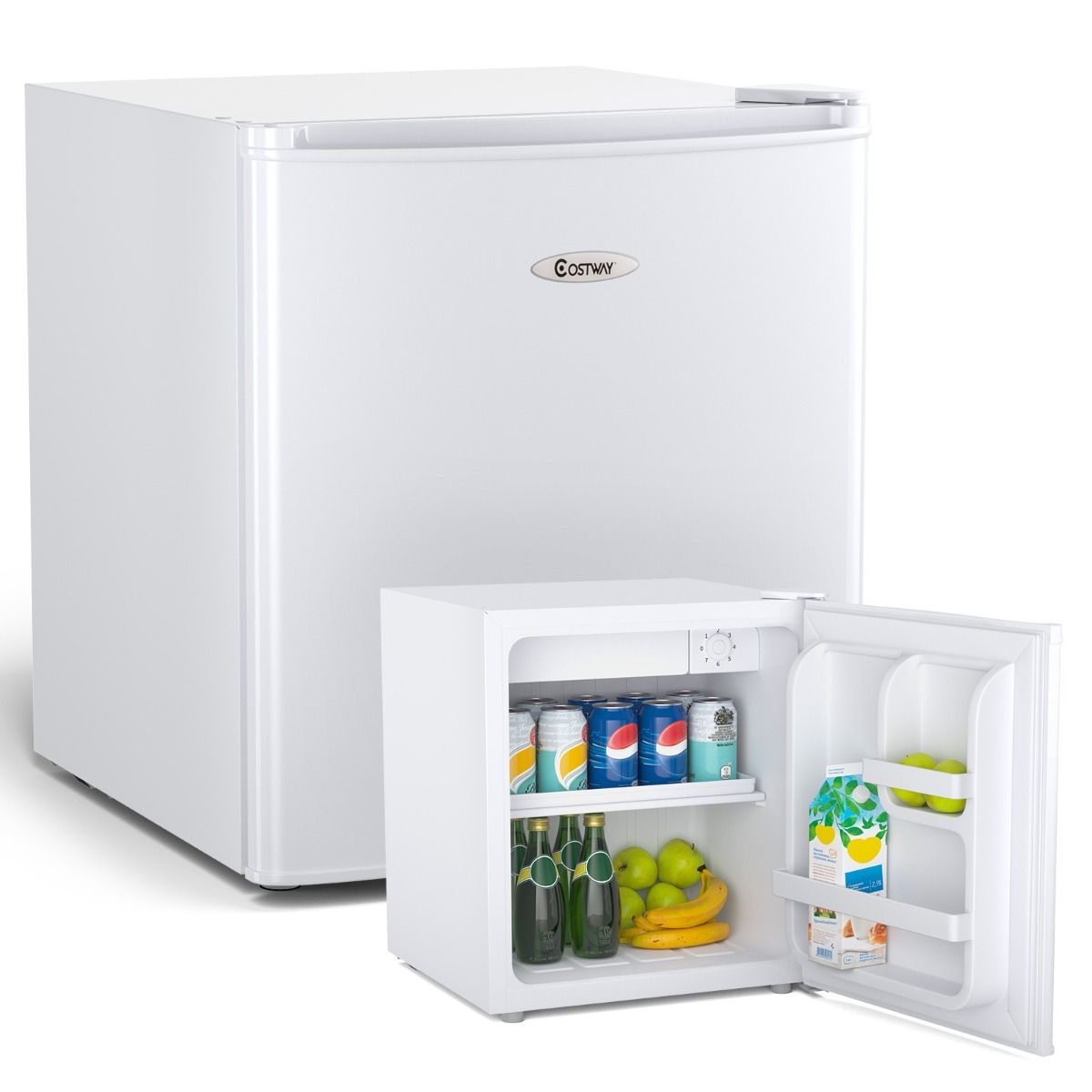 48L Mini Fridge, 2 levels and bottle holder, vegetable drawer, Silent 230V, 46 x 44 x 49 cm, White -