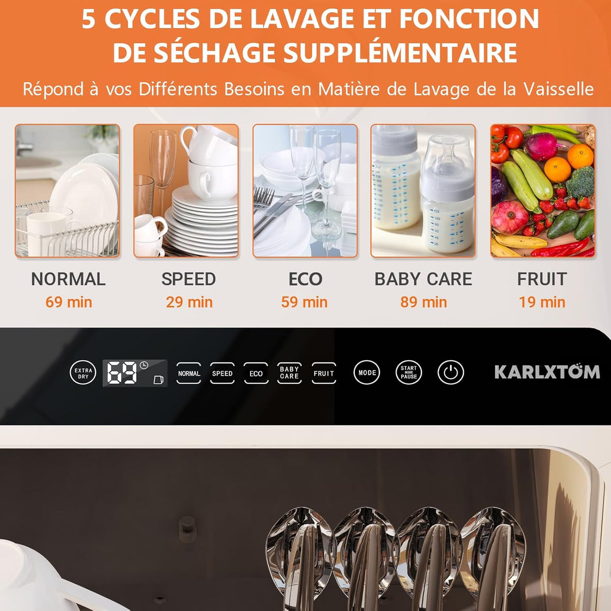 Karlxtom Tabletop Dishwasher, Mini Dishwasher with LED Touch Control, 45CM, 6 Programs, Fruit Washing, Baby Care