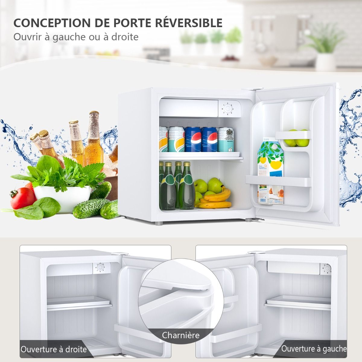 48L Mini Fridge, 2 levels and bottle holder, vegetable drawer, Silent 230V, 46 x 44 x 49 cm, White -