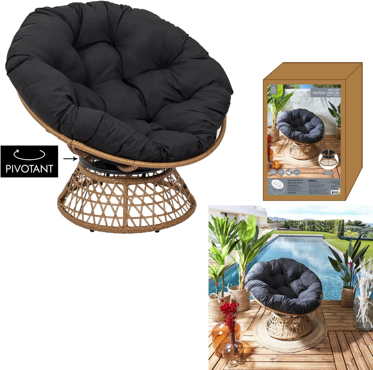HOME DECO FACTORY, Outdoor Swivel Armchair, Round Relax Chair, 1 Seater 360° Swivel, Thick Comfortable Cushion Included, Garden Furniture for Balcony Terrace Garden Furniture