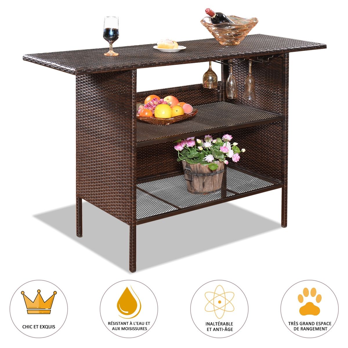 Garden Bar Table in Woven Resin with 2 Storage Shelves and 2 Rails for Brown Glass Holders -