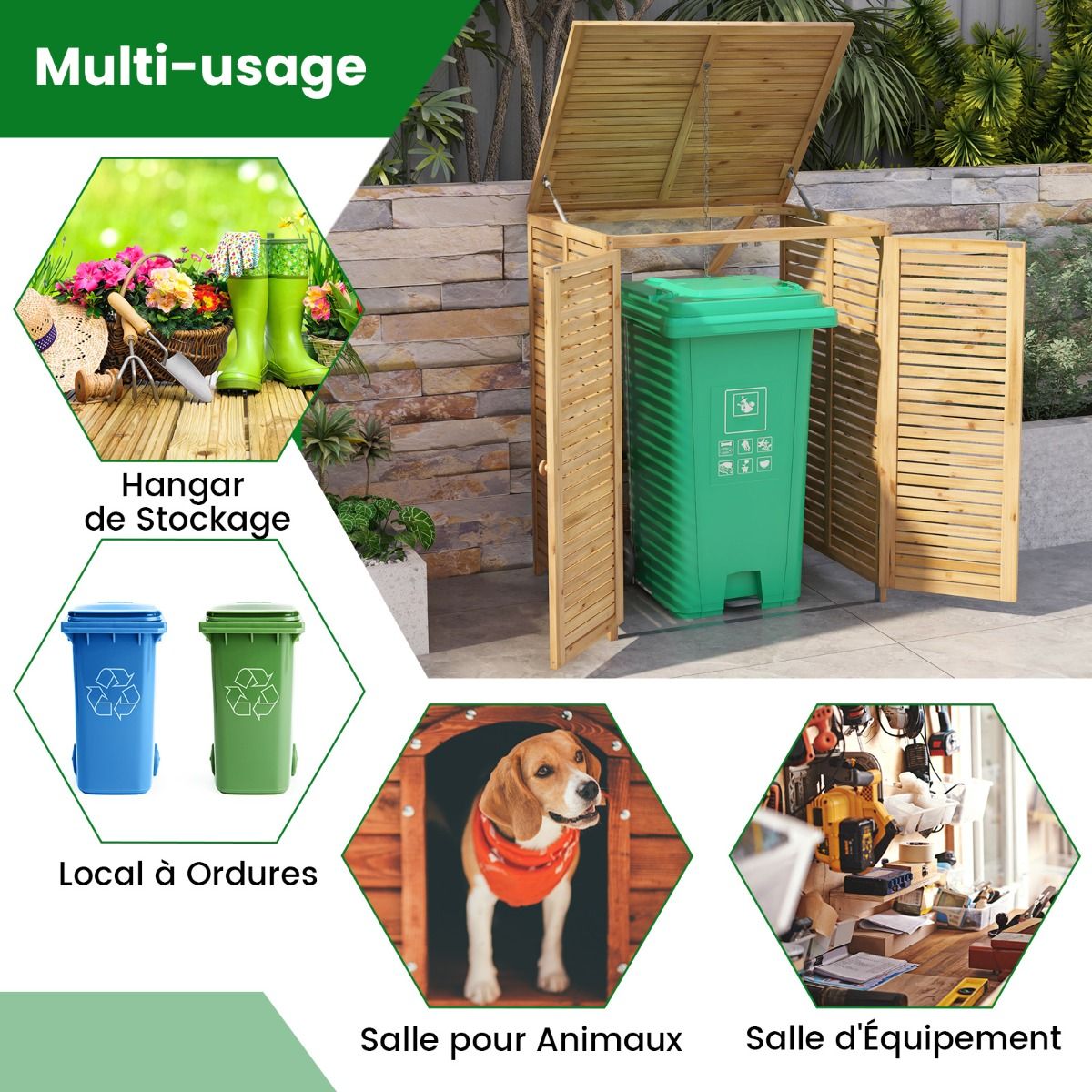 120L Wooden Trash Can Shed Outdoor Tool Shed with Openable Lid Double Doors Natural Locking Latch -
