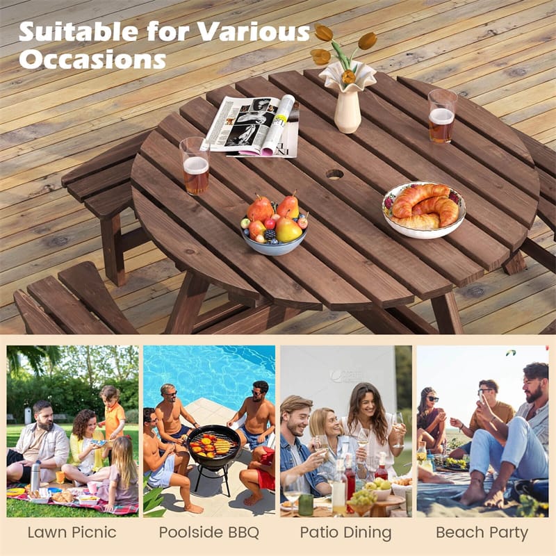 8-Person Round Wood Picnic Table Set with 4 Built-in Benches & 2" Umbrella Hole, Holds 2420 LBS - Product image 9