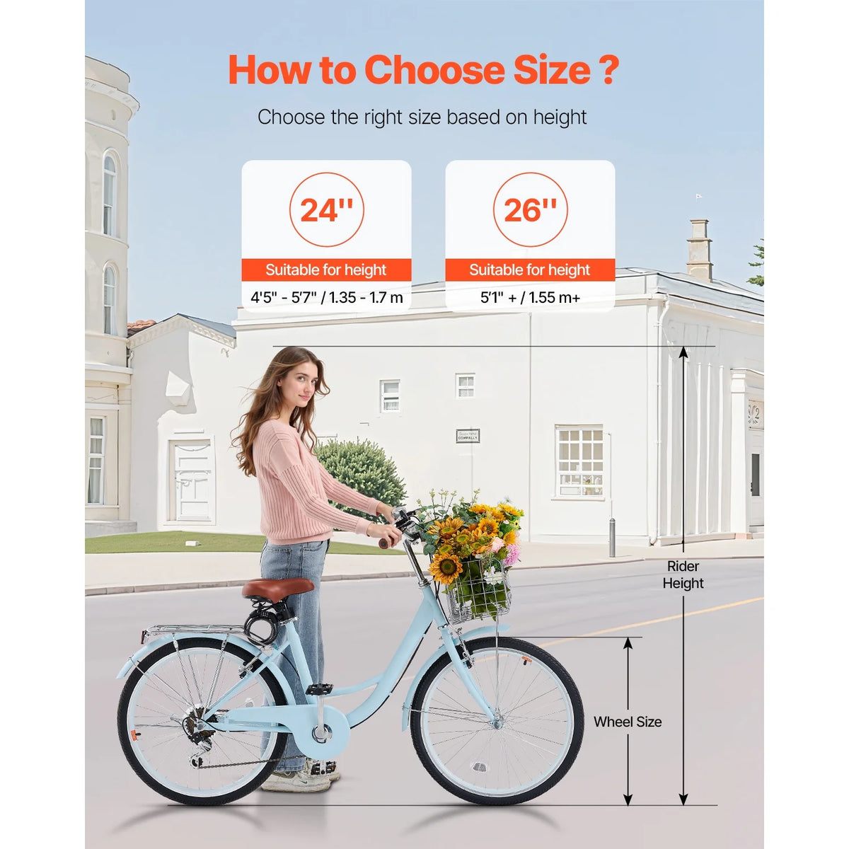 KFFKFF 24" Cruiser Bike, 7 - Speed, Sky Blue Coastal Cycle with Spacious Basket and Back Stand - Product image 4