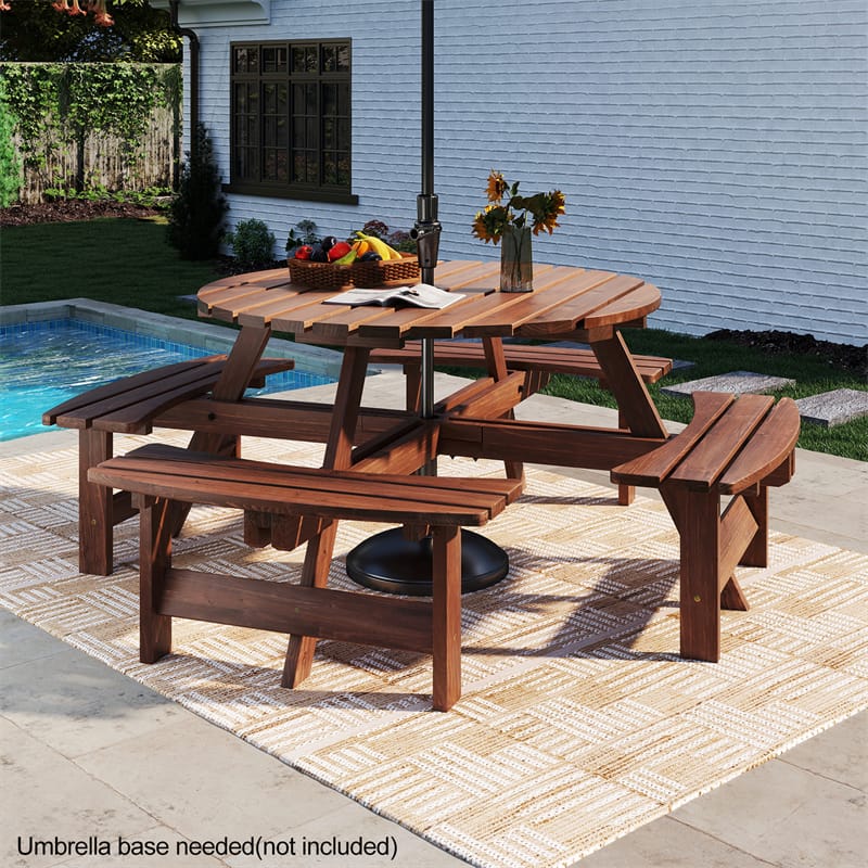 8-Person Round Wood Picnic Table Set with 4 Built-in Benches & 2" Umbrella Hole, Holds 2420 LBS - Product image 10