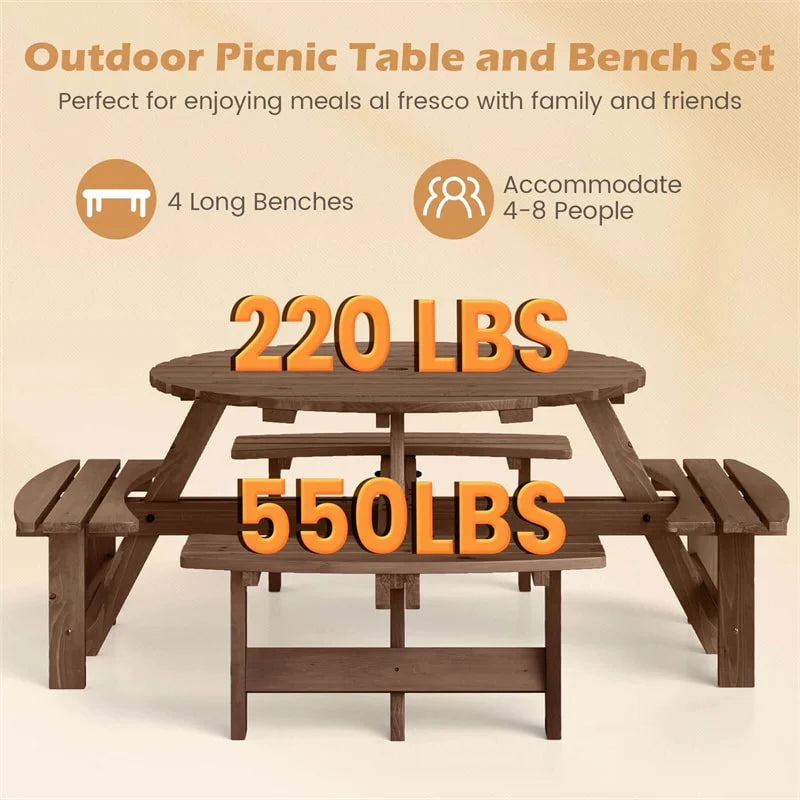 8-Person Round Wood Picnic Table Set with 4 Built-in Benches & 2" Umbrella Hole, Holds 2420 LBS - Product image 7