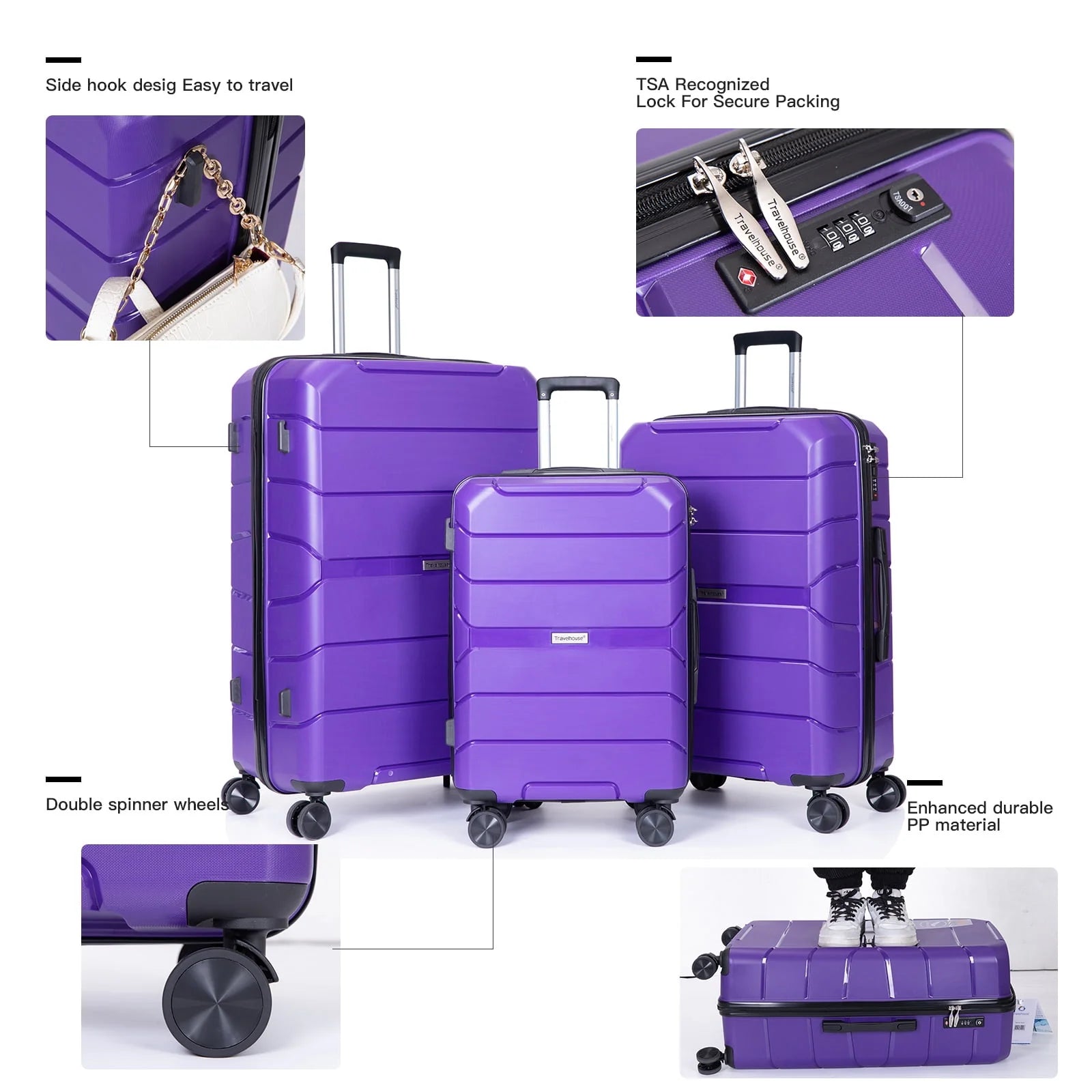 Travelhouse 3 Piece Luggage Set Hardshell Lightweight Suitcase with TSA Lock Spinner Wheels.(Purple) - Product image 4