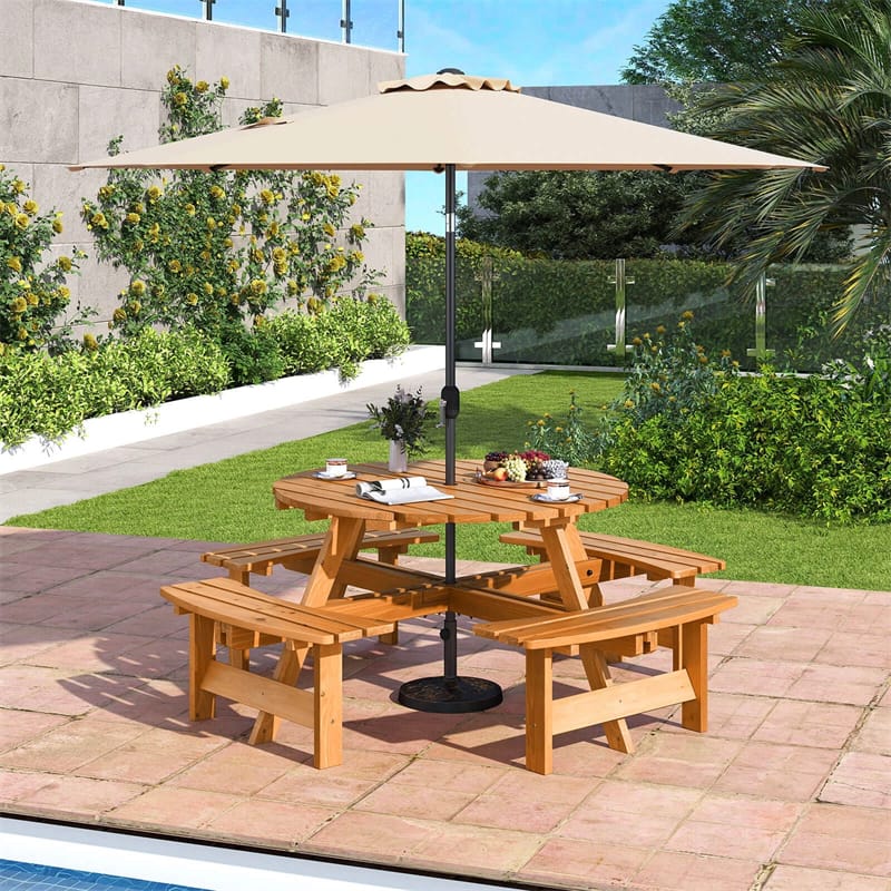 8-Person Round Wood Picnic Table Set with 4 Built-in Benches & 2" Umbrella Hole, Holds 2420 LBS - Product image 14