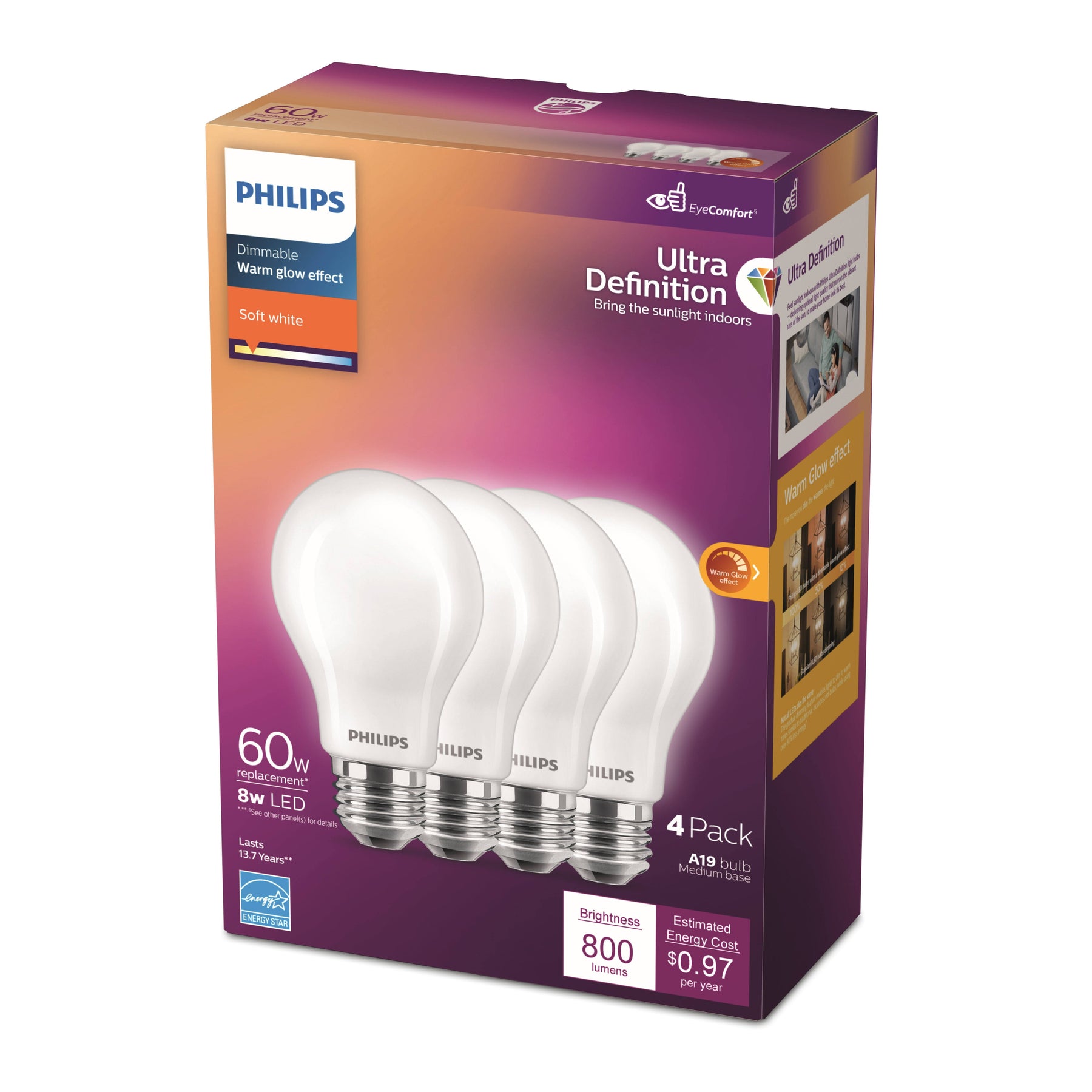 Philips Ultra Definition A19 E26 (Medium) LED Bulb Soft White 60 Watt Equivalence 4 Pk - Product image 1