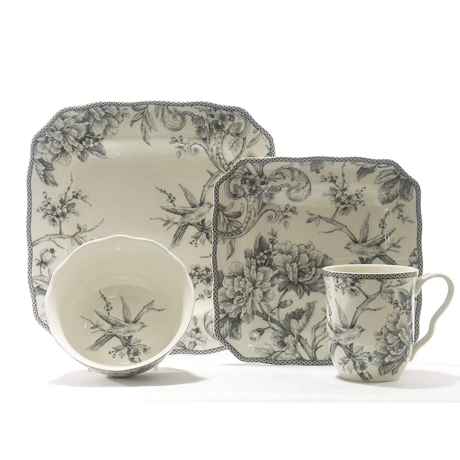 222 Fifth Adelaide Grey 16 Piece Dinnerware Set Square Service for - Product image 1